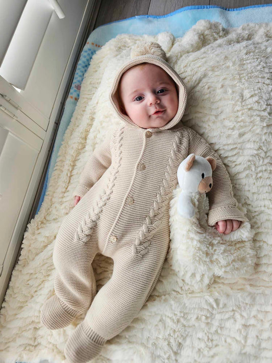 Cable knit baby pram suit with hooded Pom