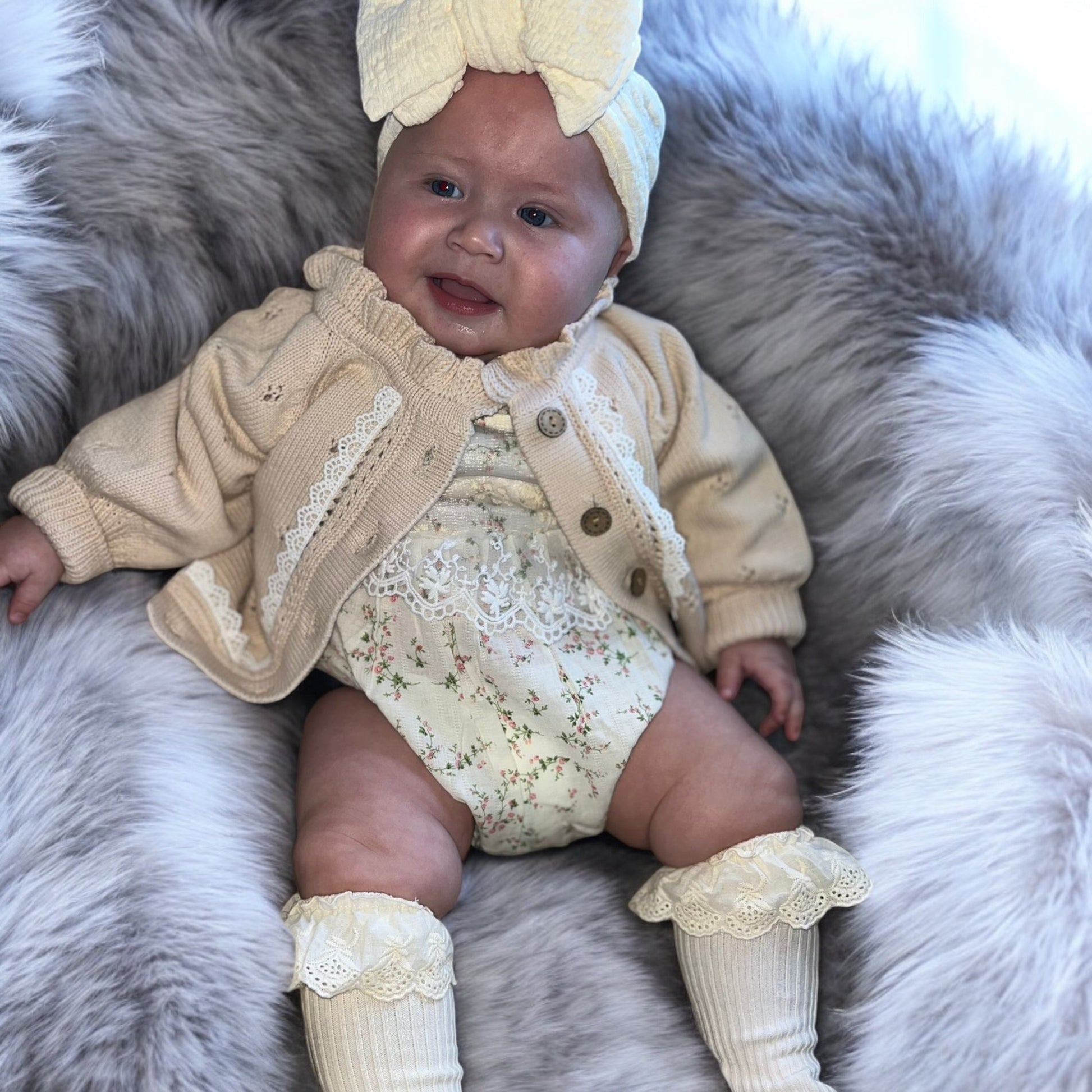 Baby girls knitted cardigan with ruffle  vintage style from Chic Cuddles