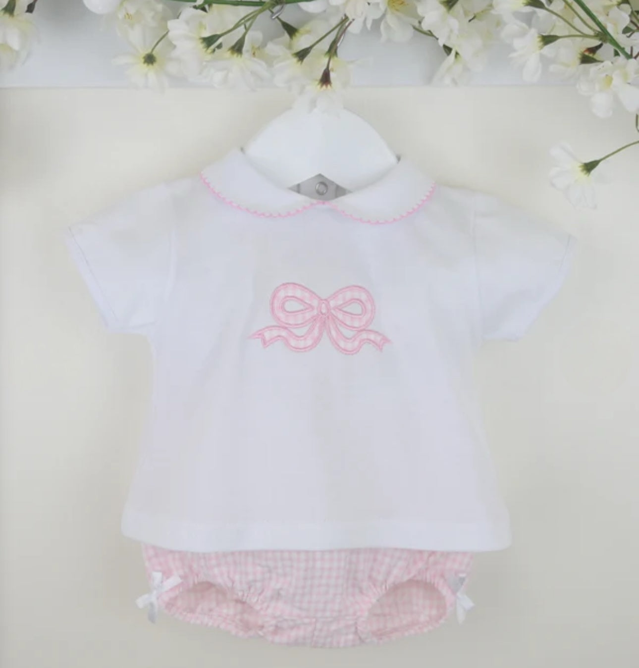 Baby girl two piece top and shorts set with gingham bow design