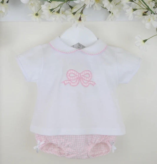Baby girl two piece top and shorts set with gingham bow design