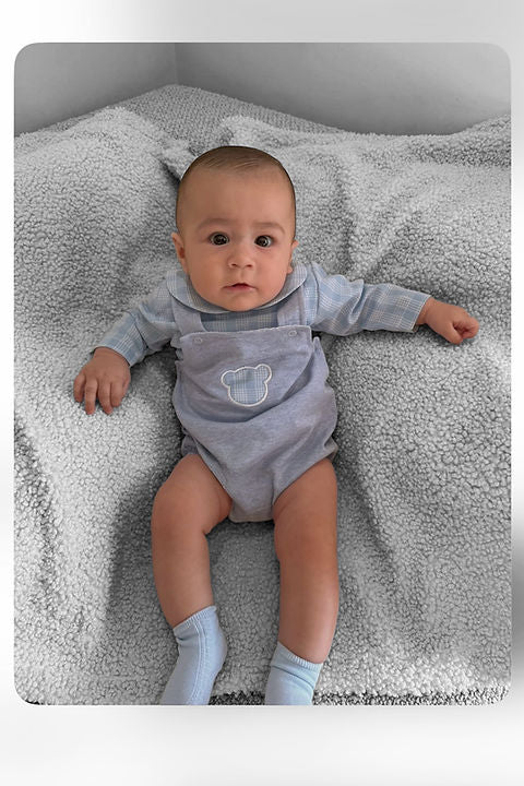 Fofo Bear - Two Piece Set - Blue Checked Shirt & Cotton Dungarees