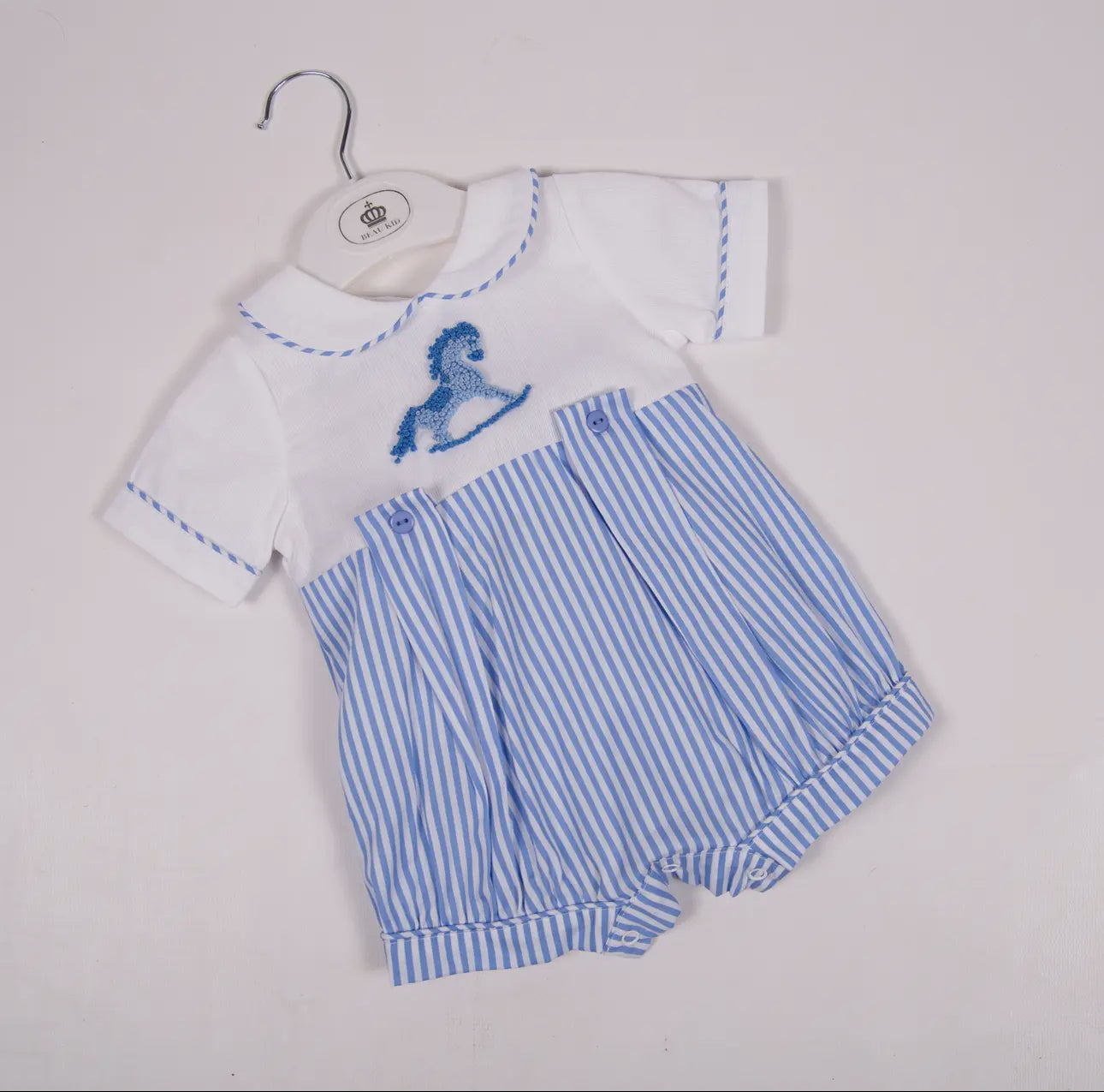 Beau Kid - Blue & White Rocking Horse Romper