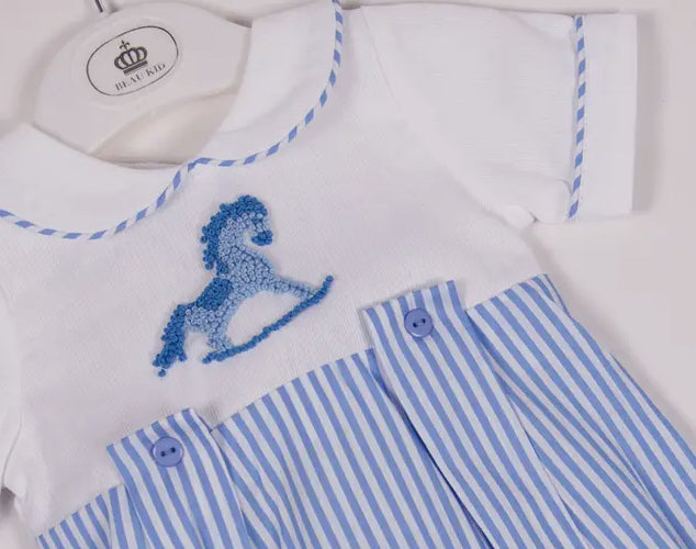 Beau Kid - Blue & White Rocking Horse Romper