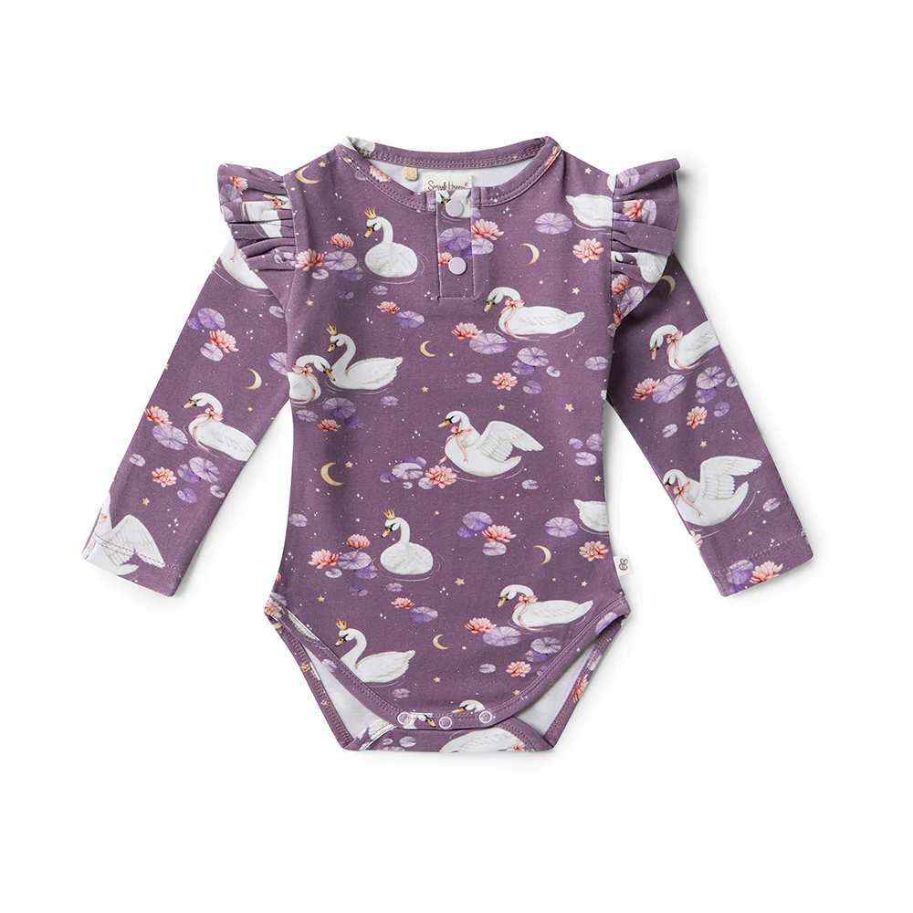 Midnight Swan Long Sleeve Organic Bodysuit with Frill