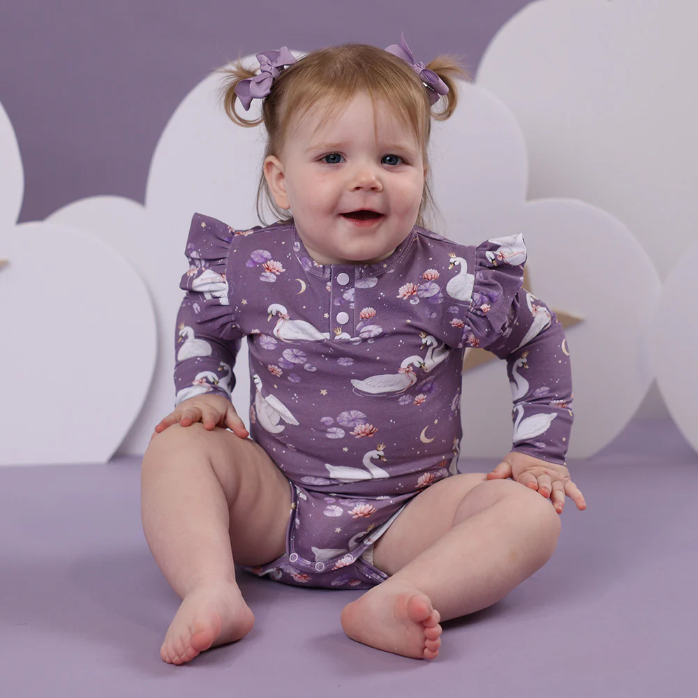 Midnight Swan Long Sleeve Organic Bodysuit with Frill