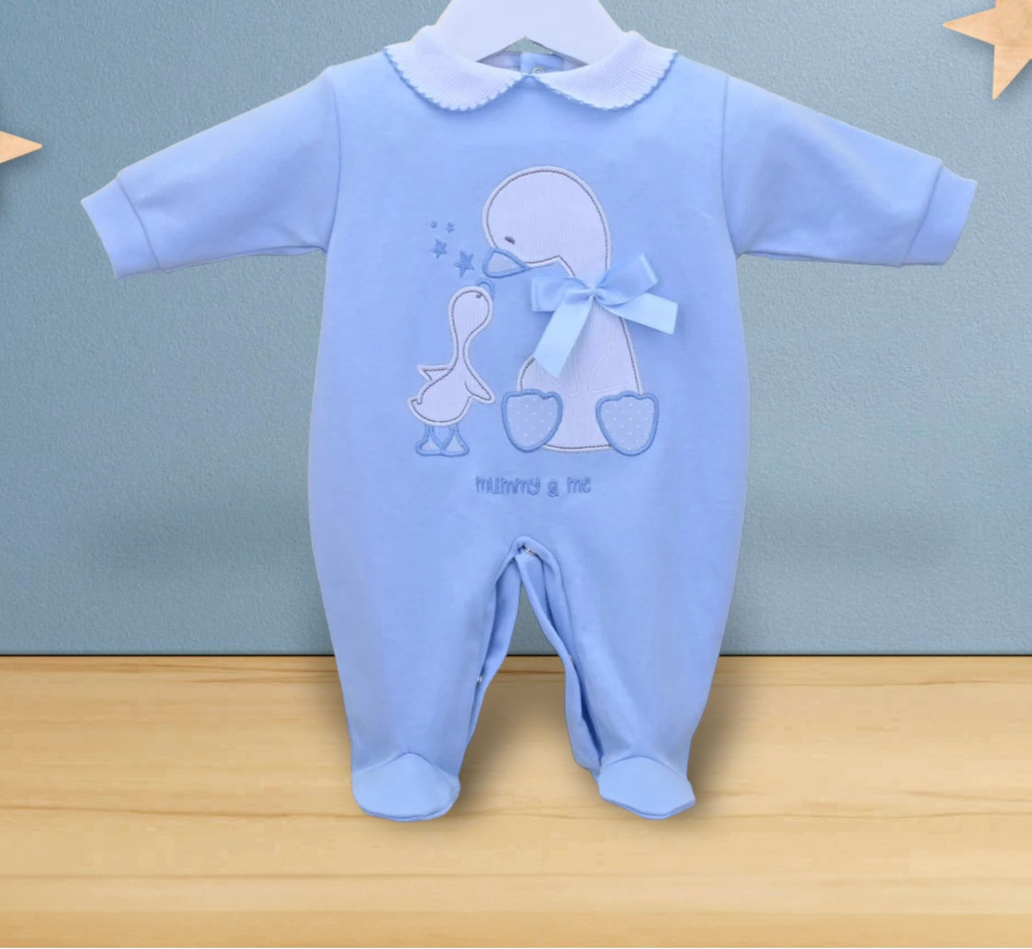 Baby sleepsuit with mummy and baby duck and cute ribbon bow. 100% cotton