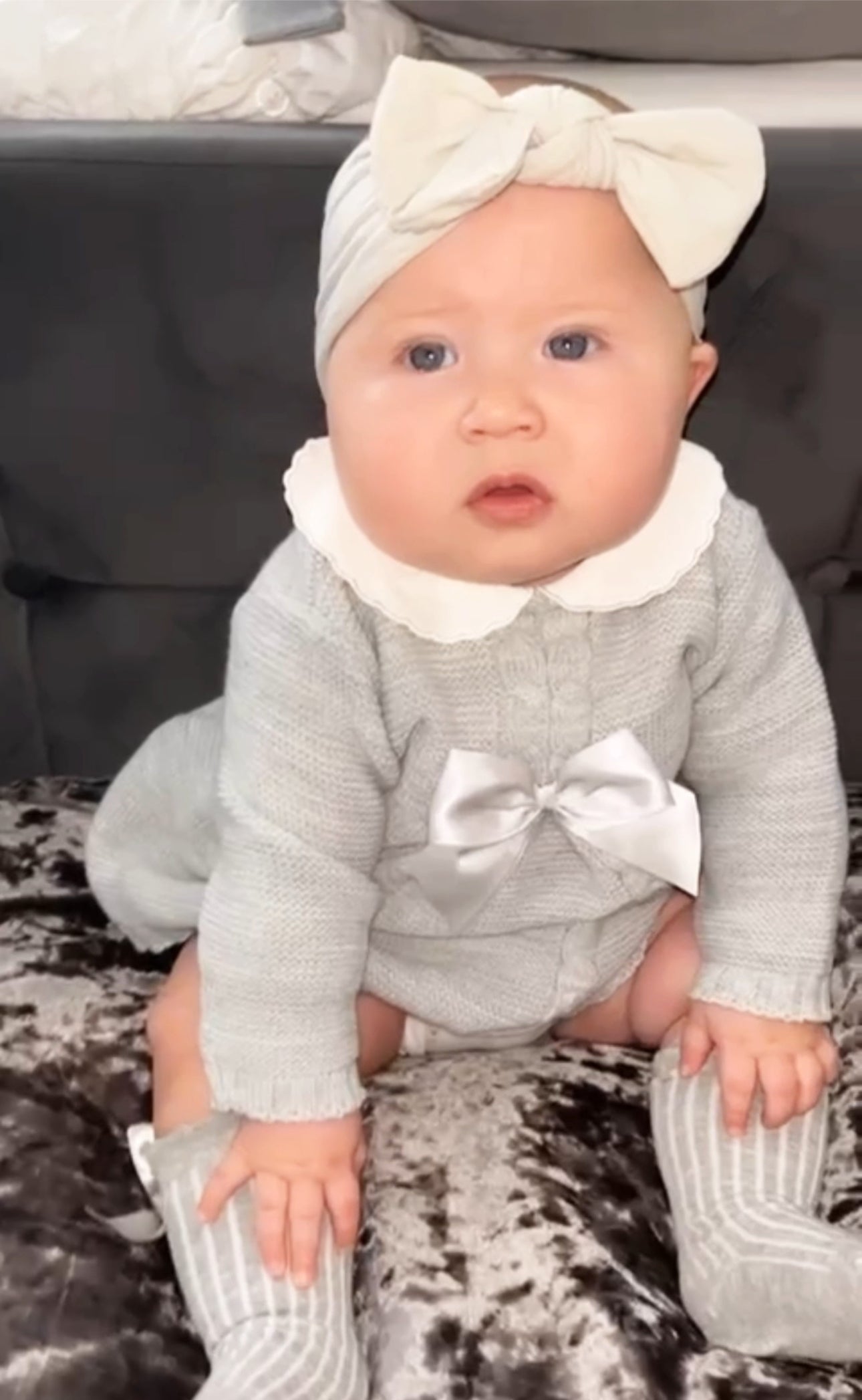 Beautiful knitted Grey baby girl dress with bows
