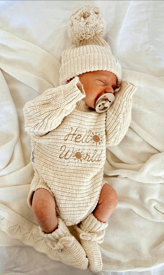 Hello World Bundle - Beanie, Booties & Romper - Sand
