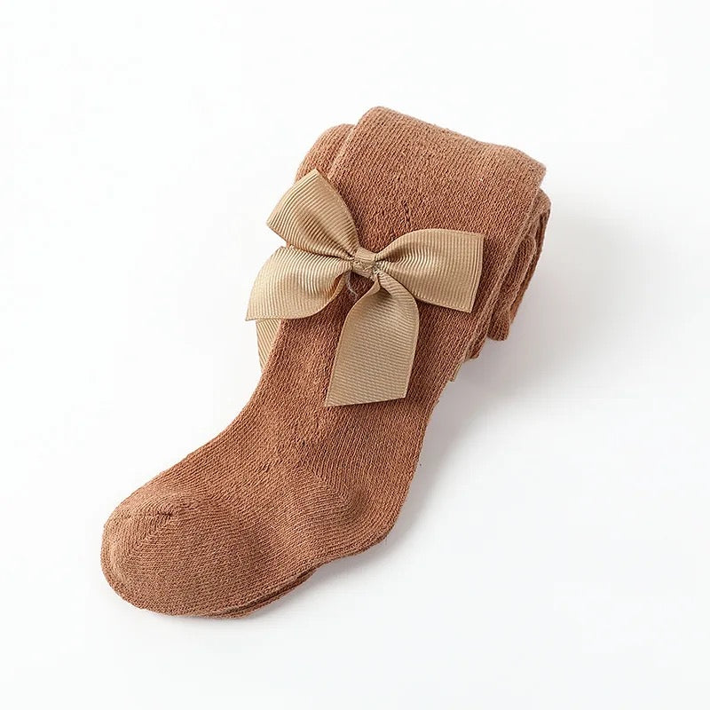 Brown tights for baby girl with bow