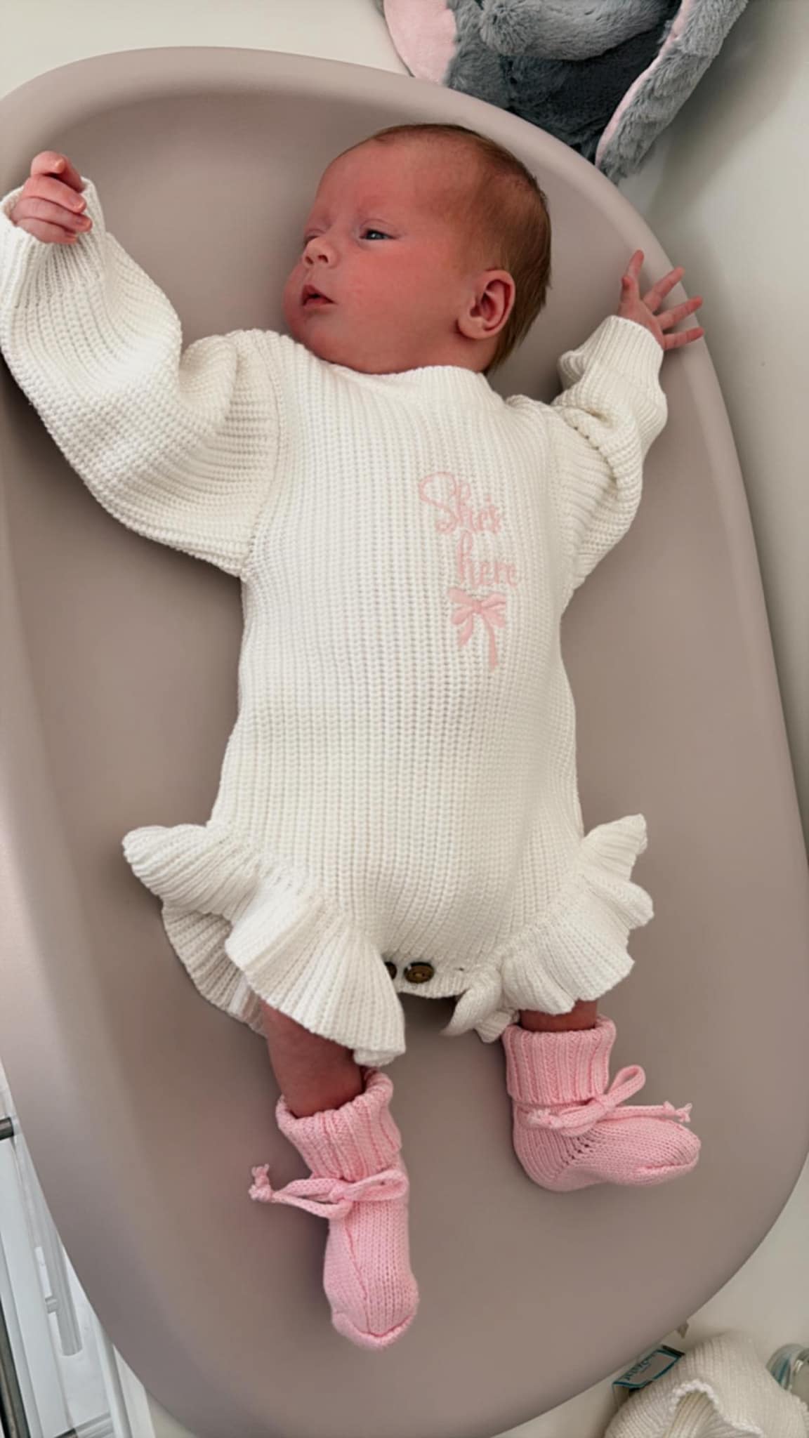 "She's Here" Baby Girl Announcement Romper