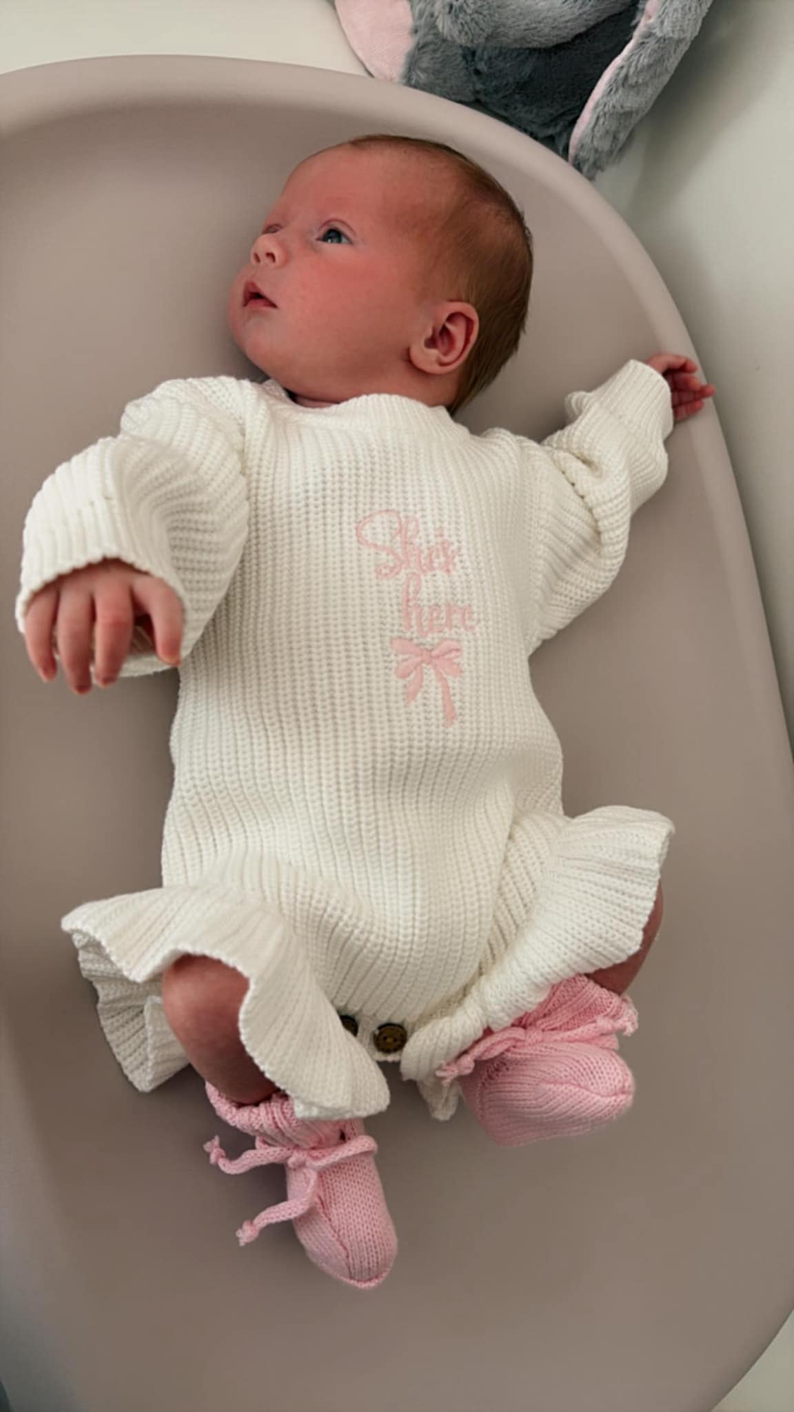 "She's Here" Baby Girl Announcement Romper