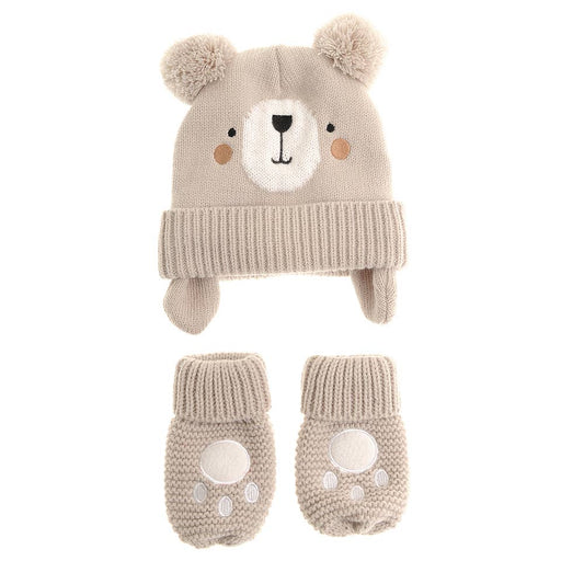 Little Bear Paw Knitted Baby Hat & Mittens Set – Light Grey | 0–12 Months