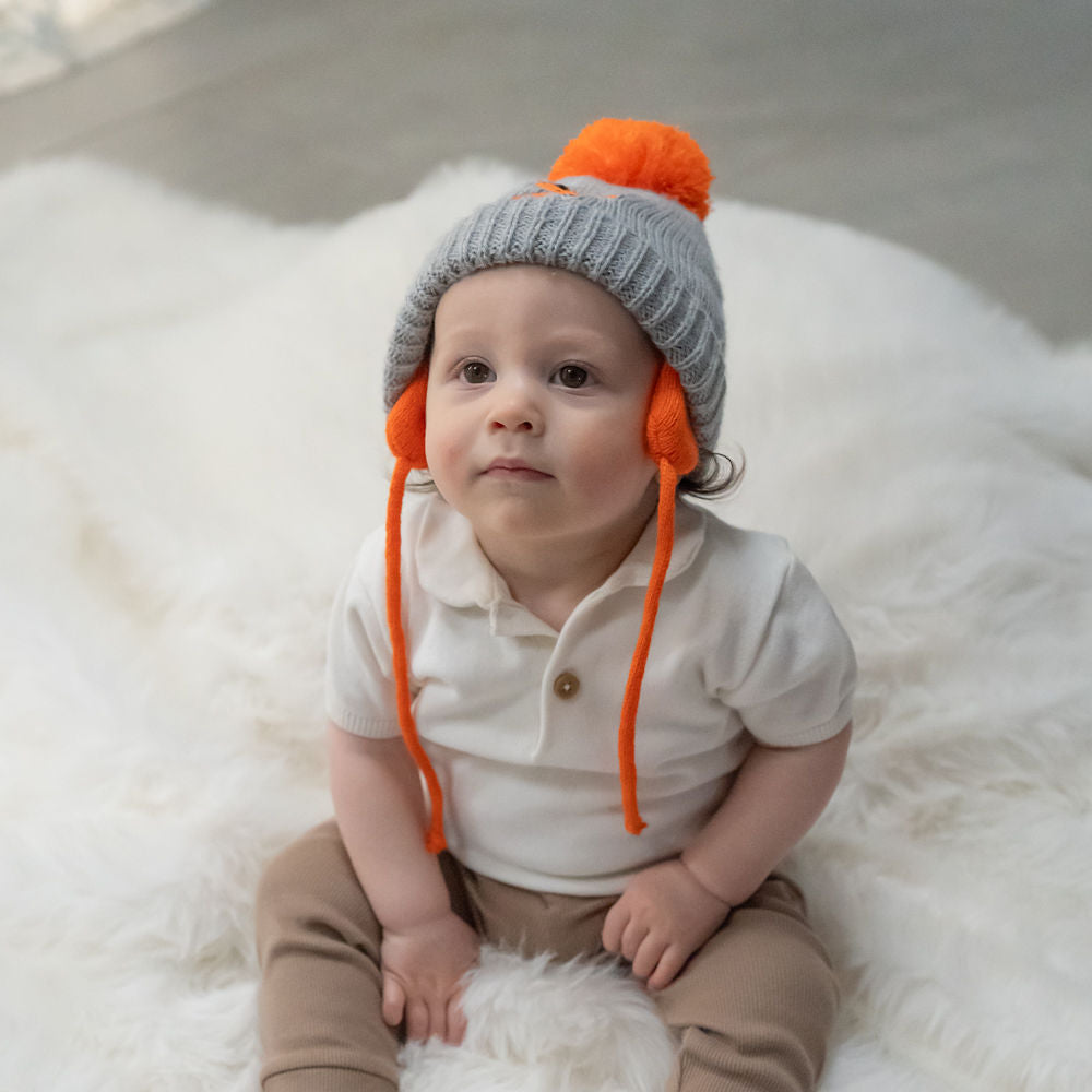 Little Fox Knitted Baby Hat & Mittens Set – Grey & Orange | 0–12 Months