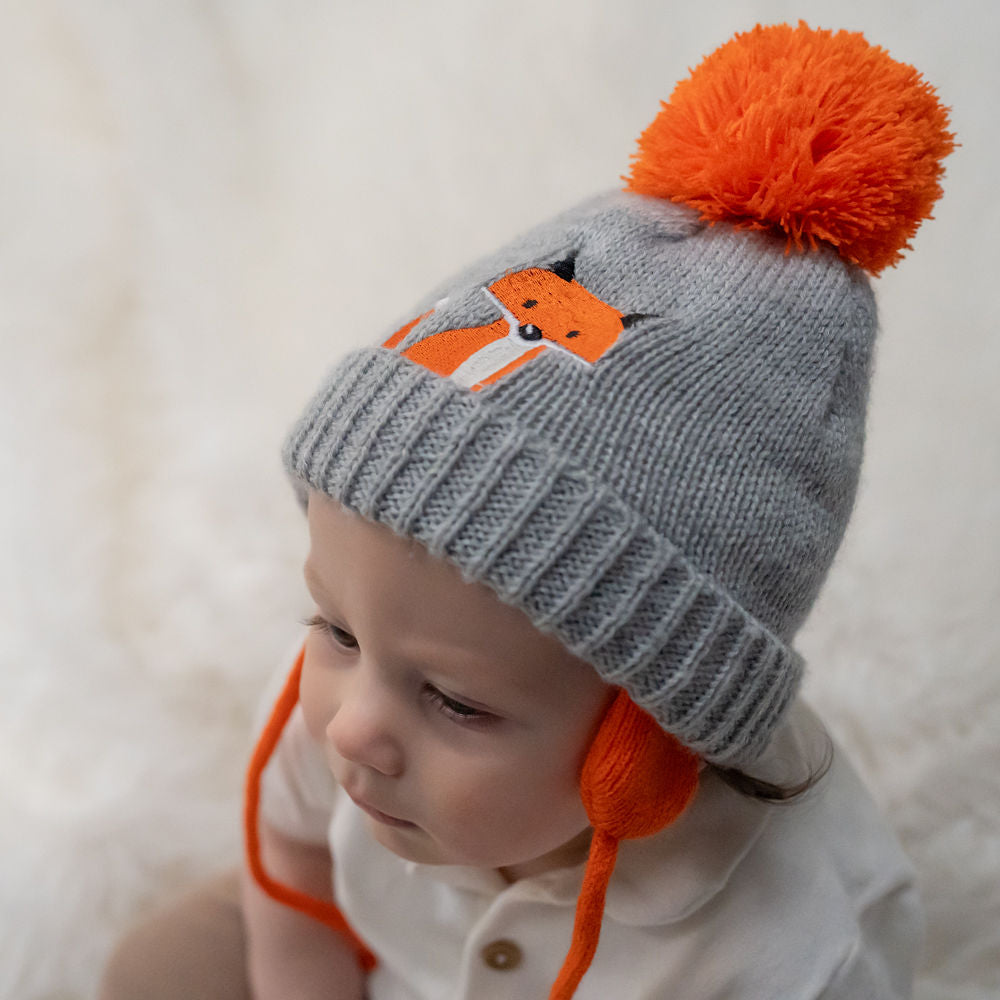 Little Fox Knitted Baby Hat & Mittens Set – Grey & Orange | 0–12 Months