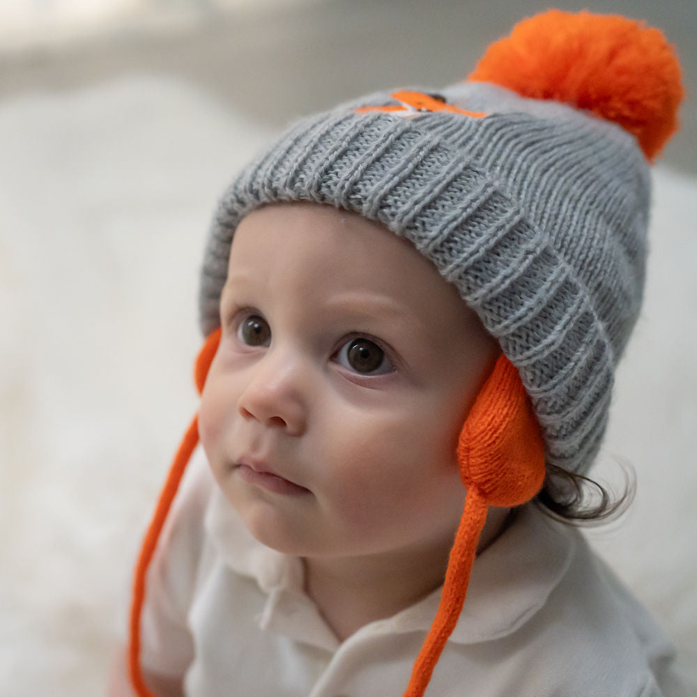 Little Fox Knitted Baby Hat & Mittens Set – Grey & Orange | 0–12 Months