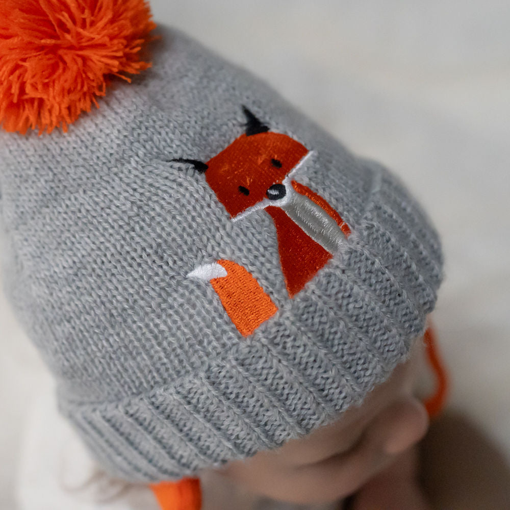 Little Fox Knitted Baby Hat & Mittens Set – Grey & Orange | 0–12 Months