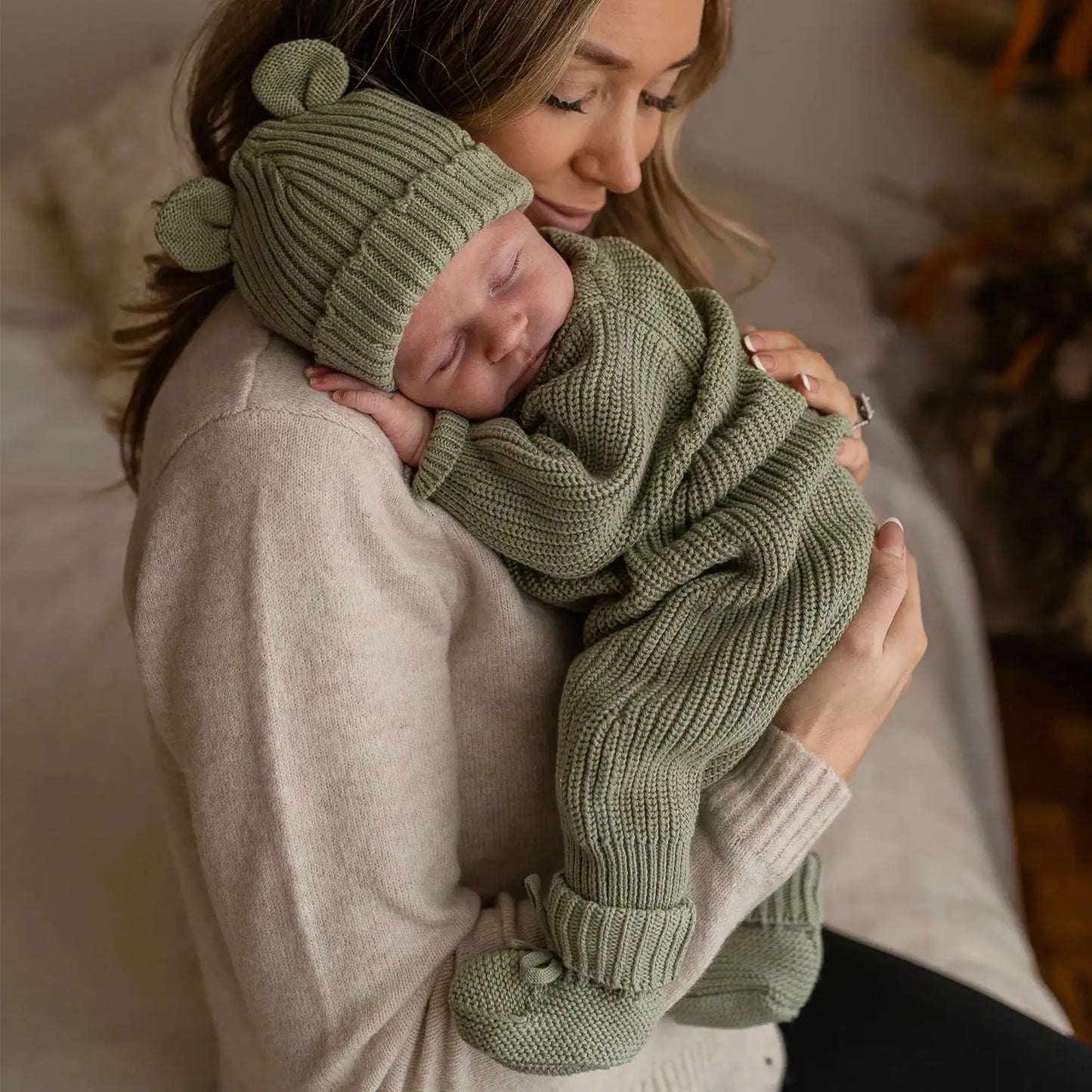 Knitted Sleep Suit, Hat & Booties Set – Sage Green