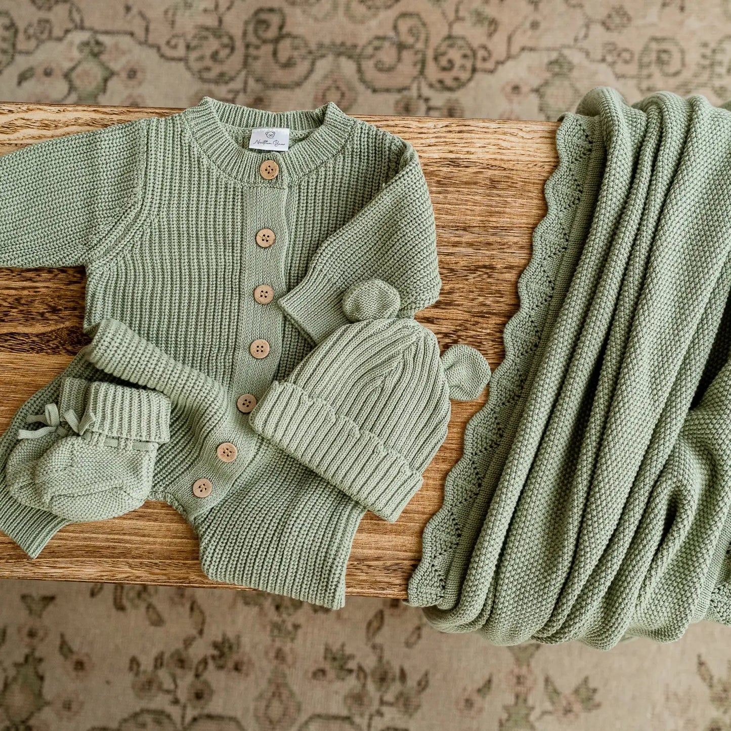 Knitted Sleep Suit, Hat & Booties Set – Sage Green