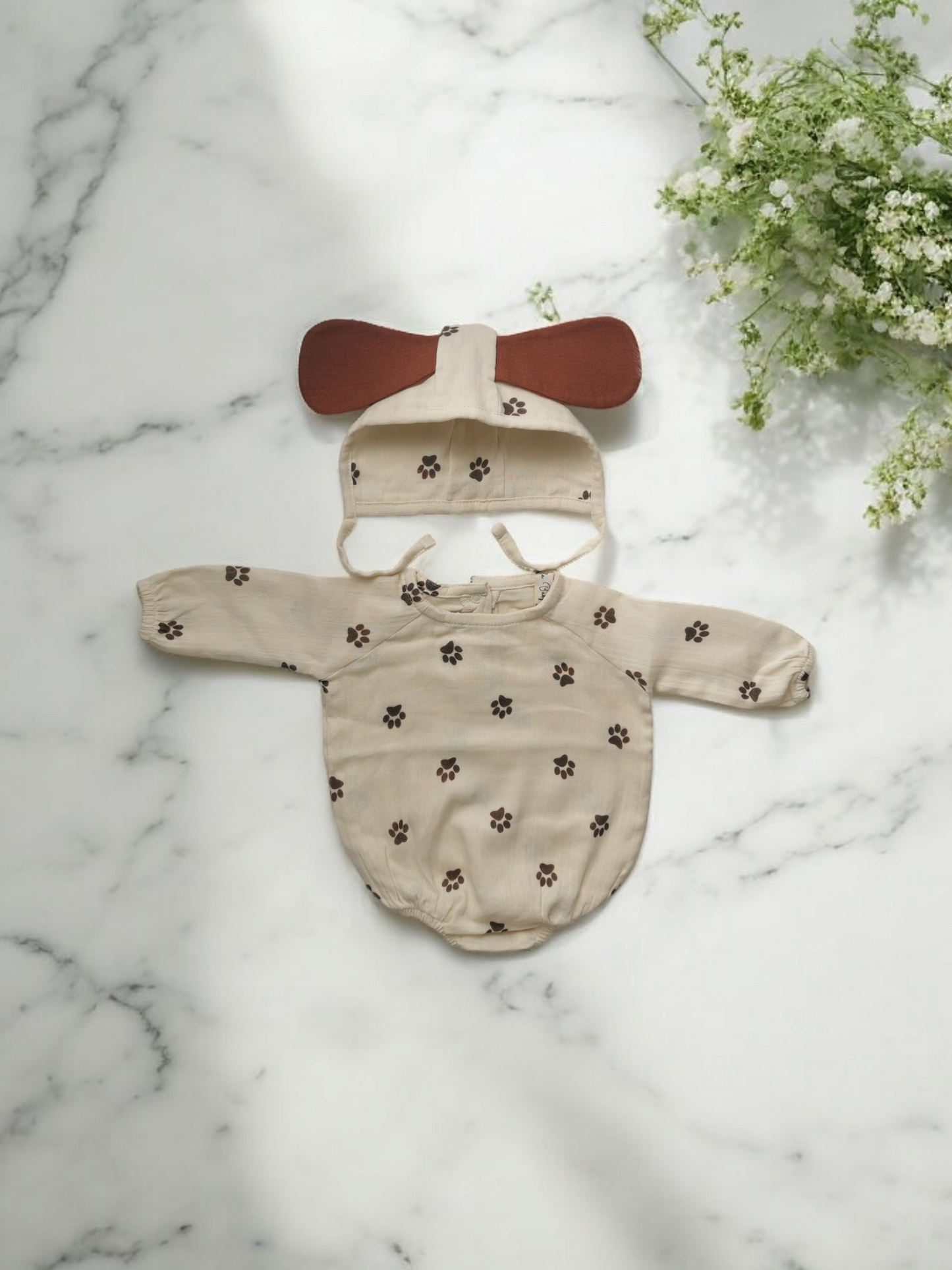 Cream Puppy Organic Muslin Body & Bonnet Set