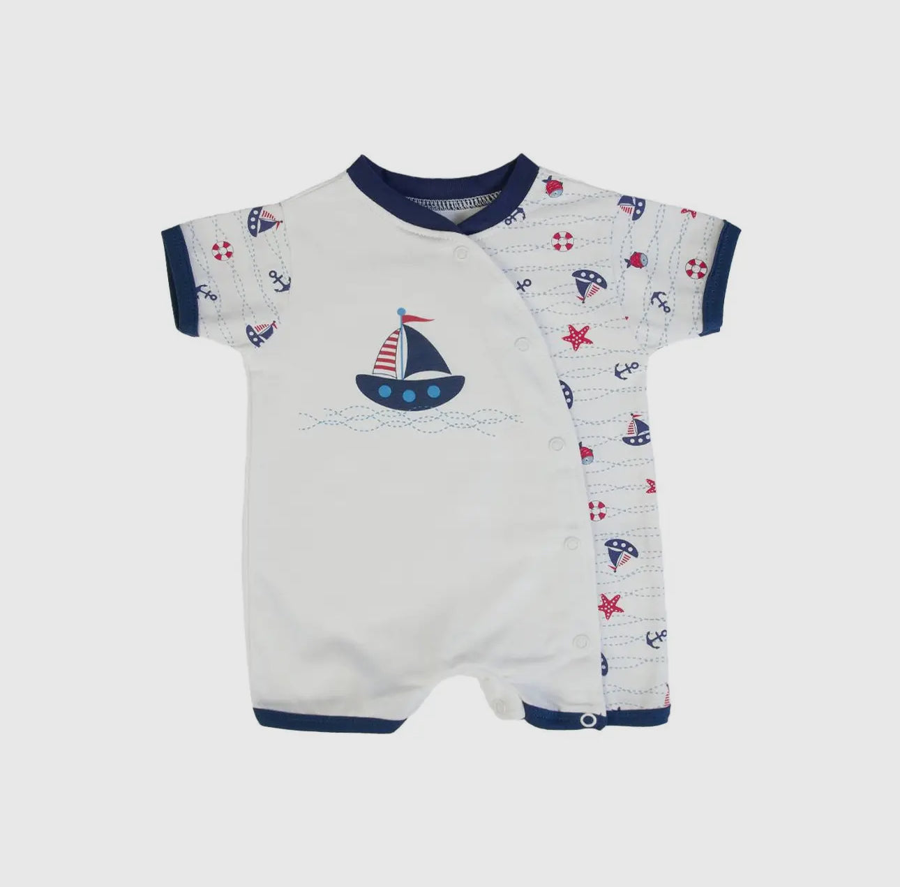 Nautical Cotton Baby Romper - White & Blue