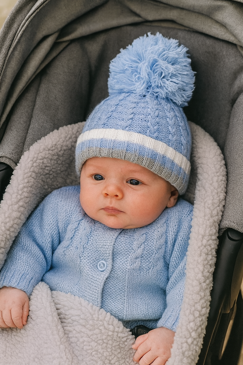 Baby boy blue knit hat with grey and white and blue striped rim.  Features a large blue pom

