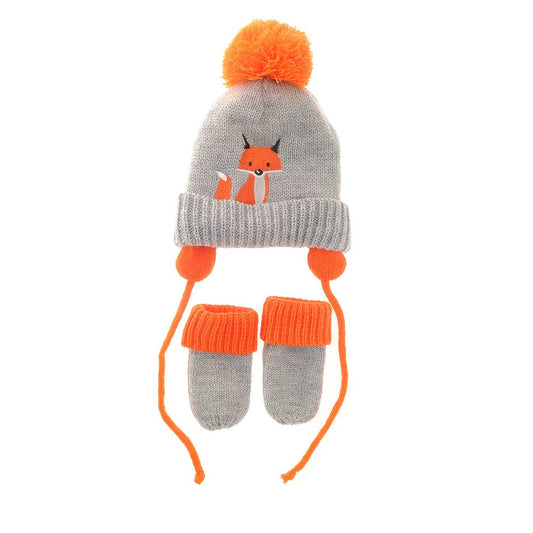 Little Fox Knitted Baby Hat & Mittens Set – Grey & Orange | 0–12 Months