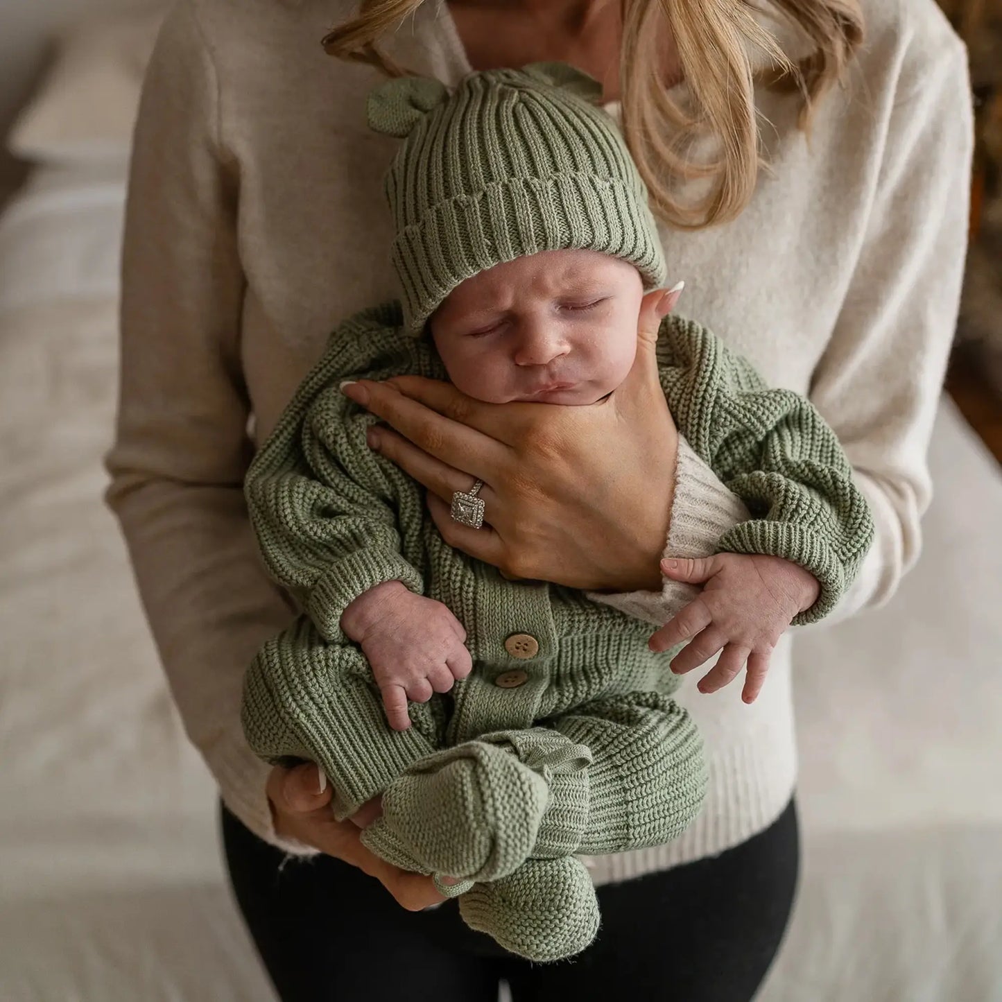 Knitted Sleep Suit, Hat & Booties Set – Sage Green