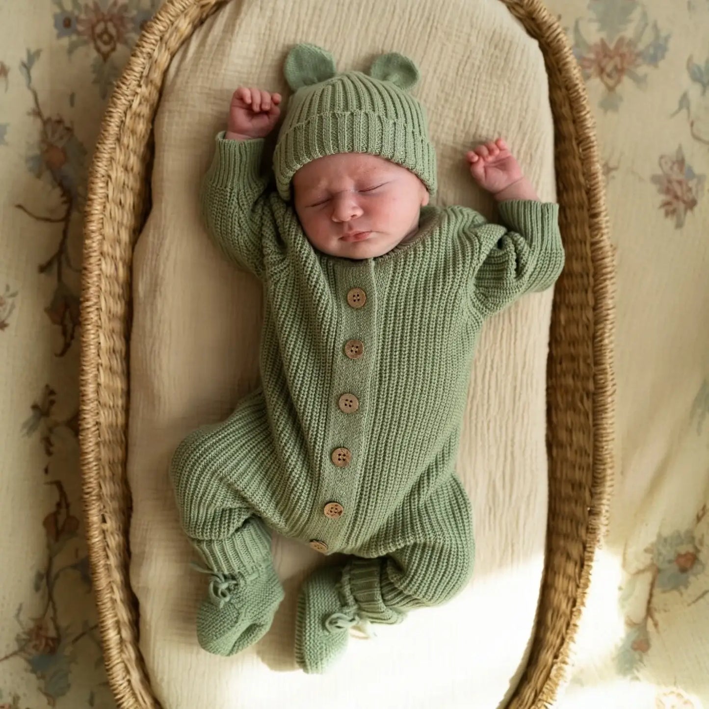 Knitted Sleep Suit, Hat & Booties Set – Sage Green