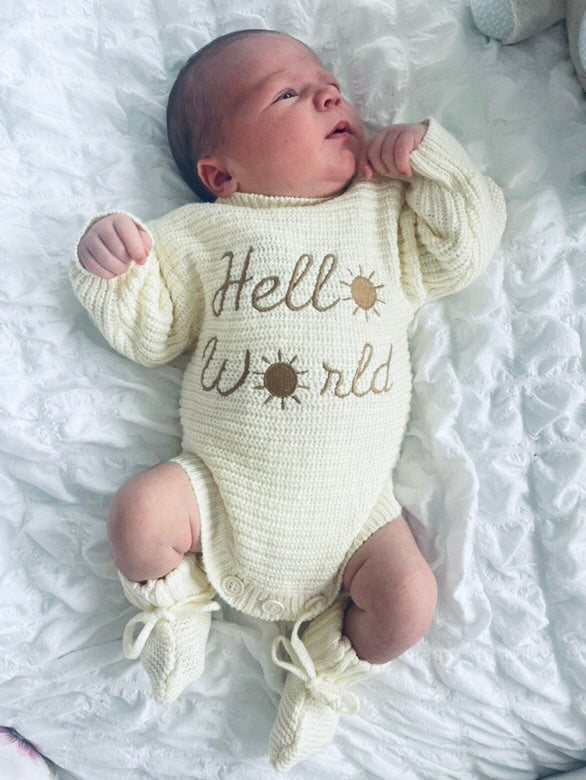 Bundle - "Hello World" Newborn Announcement 3 Piece Set - Ivory | Perfect For Coming Home