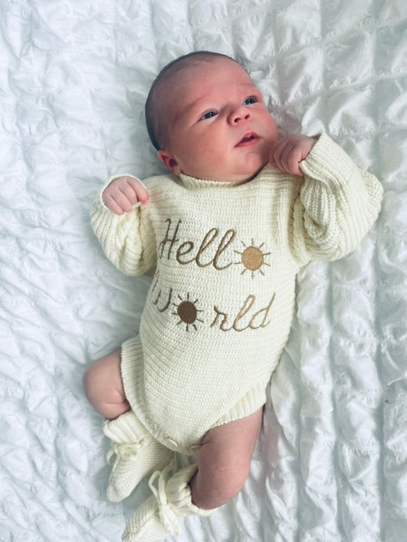 Bundle - "Hello World" Newborn Announcement 3 Piece Set - Ivory | Perfect For Coming Home