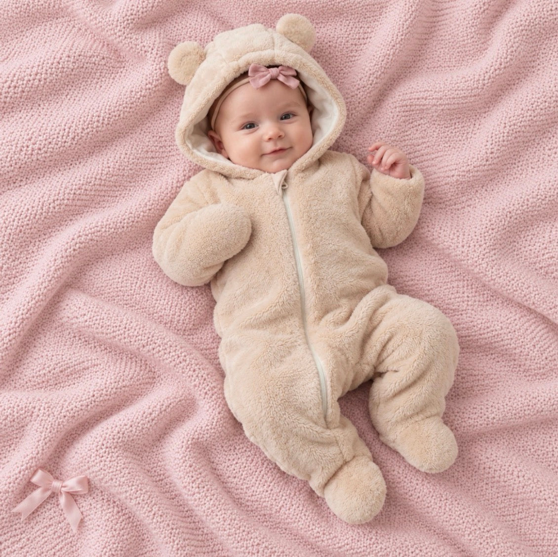 Little Bear Hooded Pramsuit – Ecru
