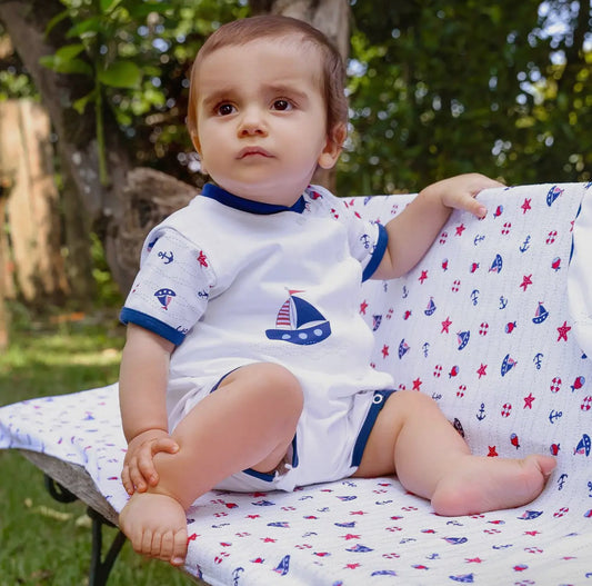 Nautical Cotton Baby Romper - White & Blue