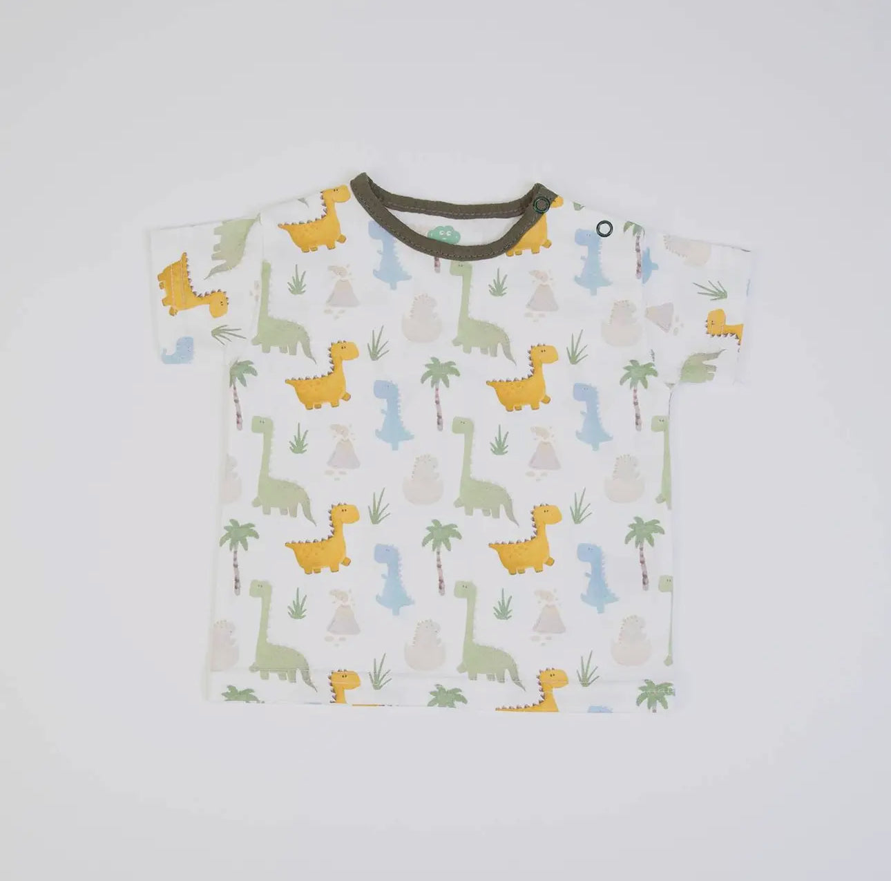 Baby T-shirt with playful animal print from the olive green muslin dungarees set, shown as a flat lay