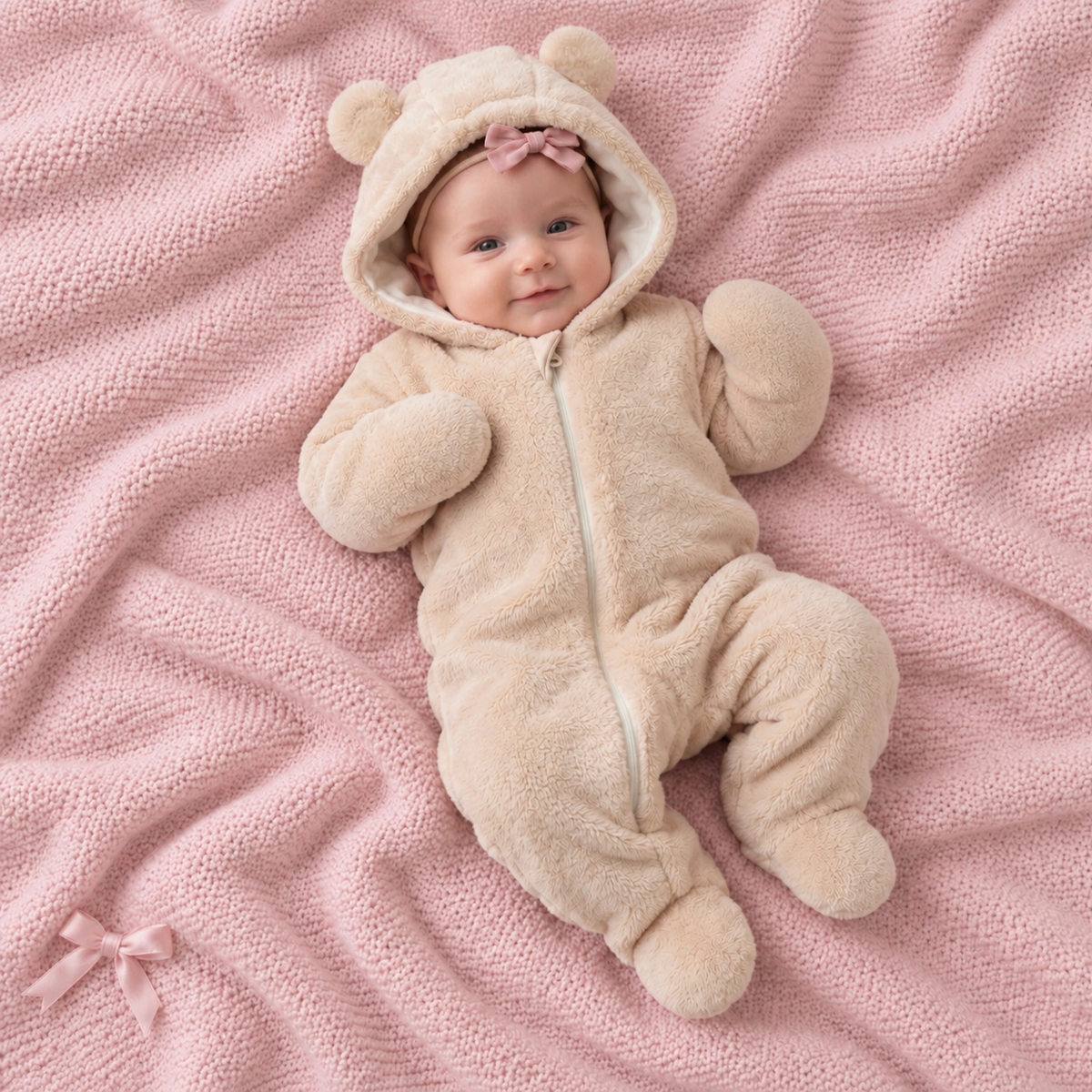 Little Bear Hooded Pramsuit – Ecru