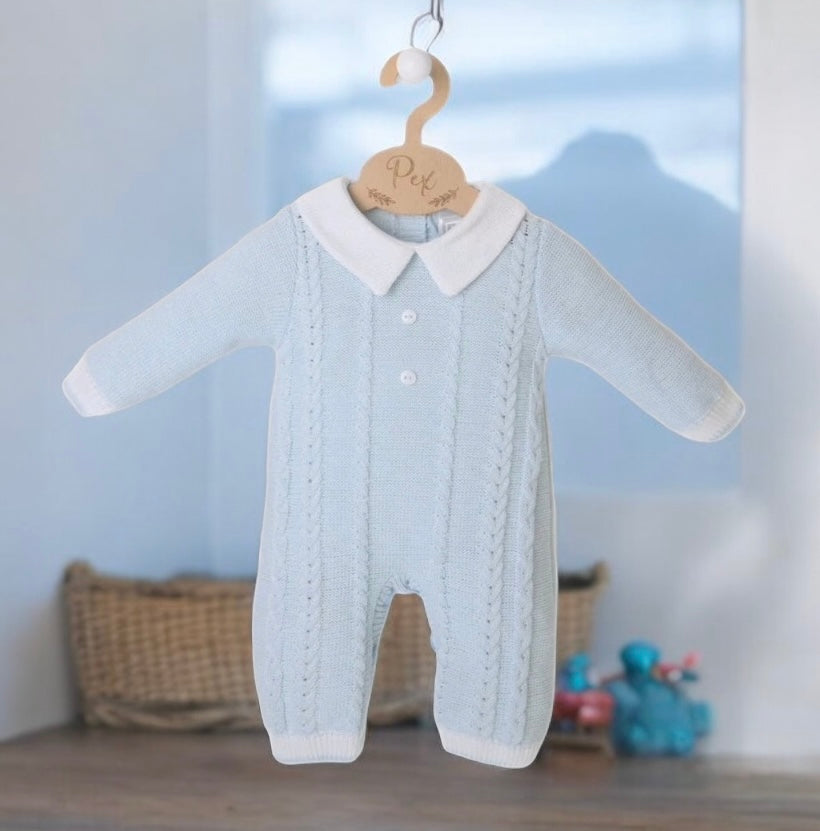 Baby boy pure cotton cable knitted romper with contrasting white collar.