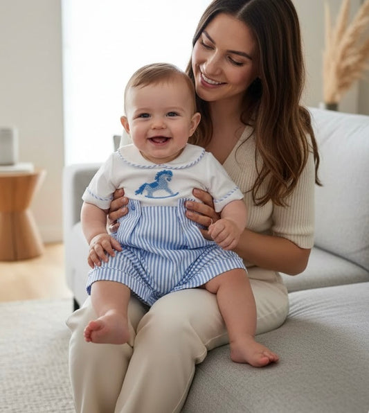 Beau Kid - Blue & White Rocking Horse Romper