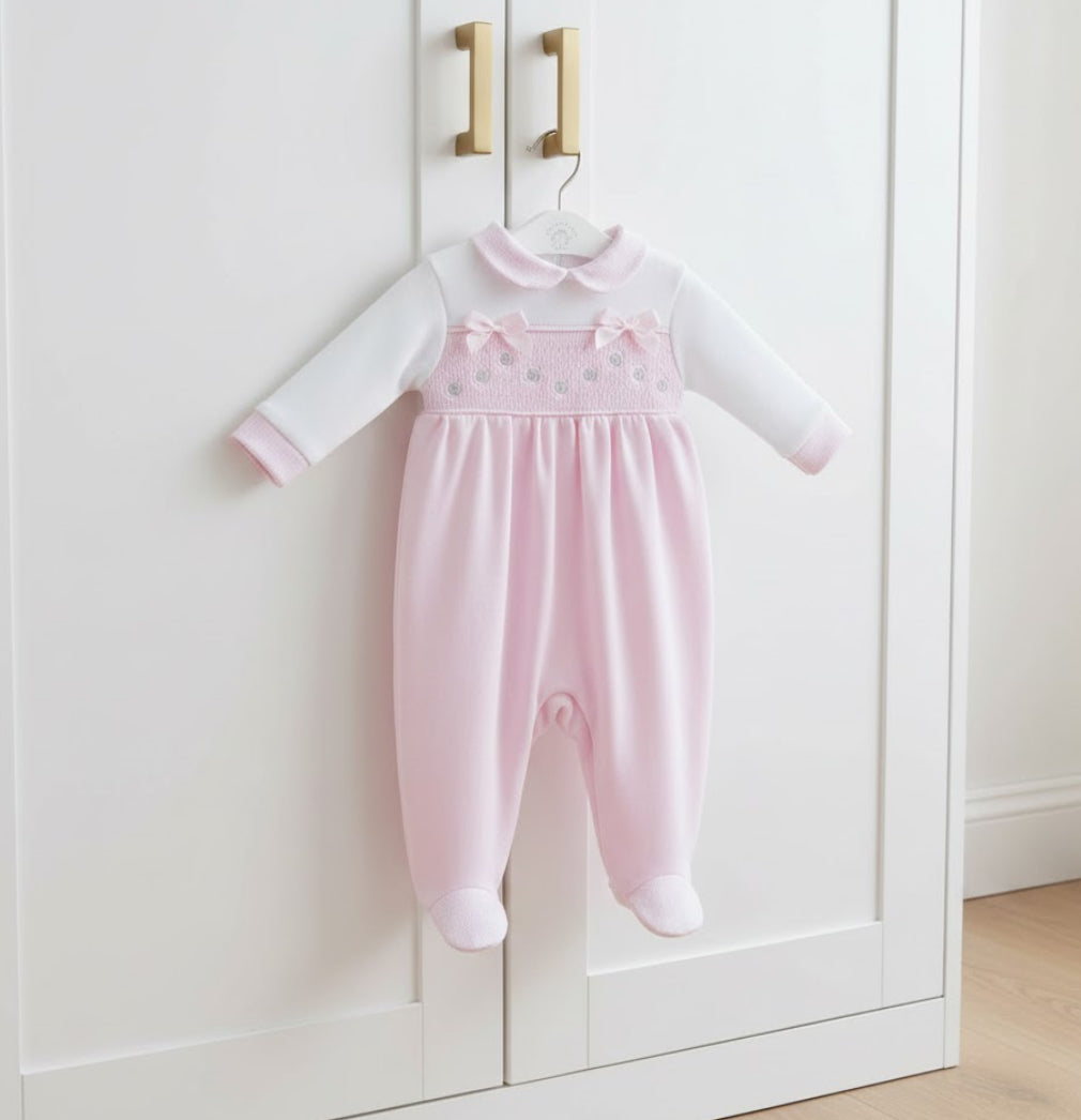 Silver Roses And Bows Smocked Sleepsuit - Cotton Sleepsuit - Pink