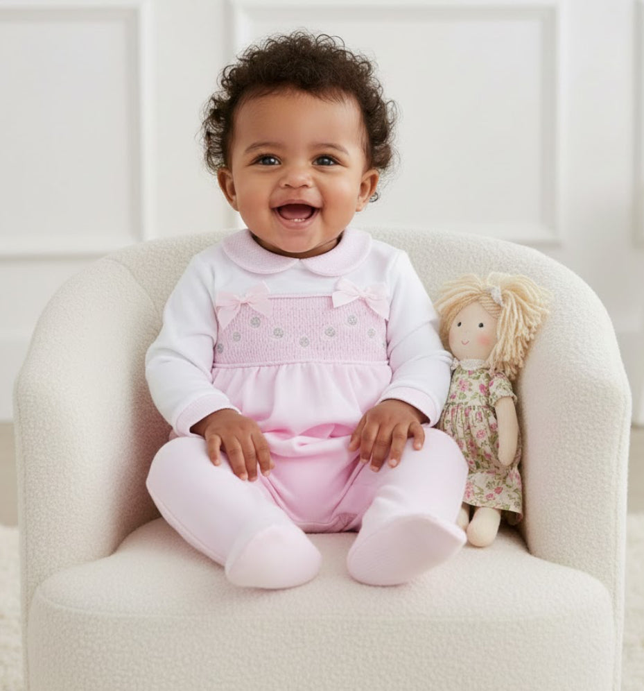 Silver Roses And Bows Smocked Sleepsuit - Cotton Sleepsuit - Pink