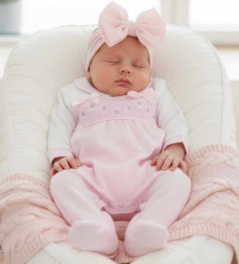 Silver Roses And Bows Smocked Sleepsuit - Cotton Sleepsuit - Pink