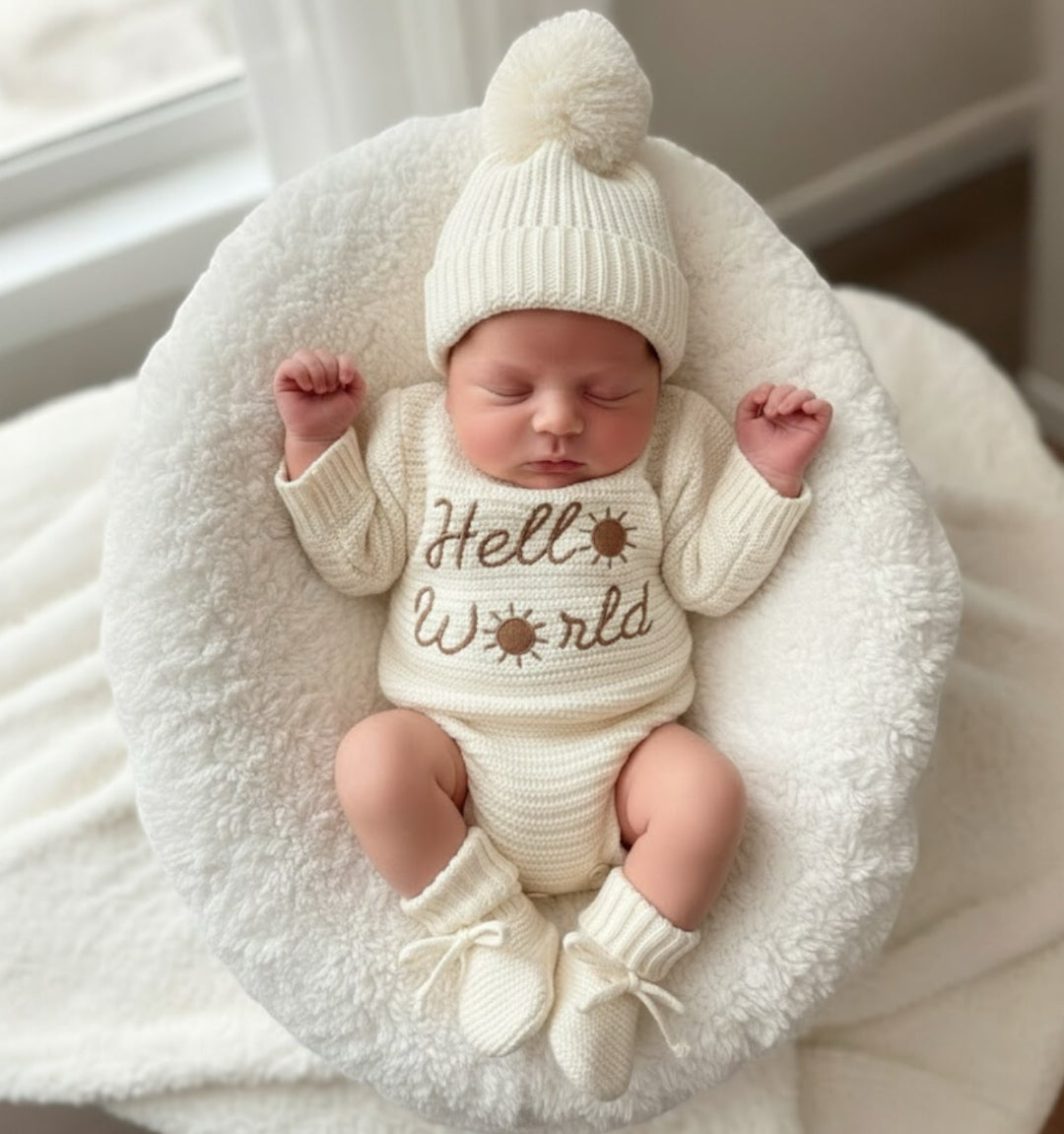 Bundle - "Hello World" Newborn Announcement 3 Piece Set - Ivory | Perfect For Coming Home