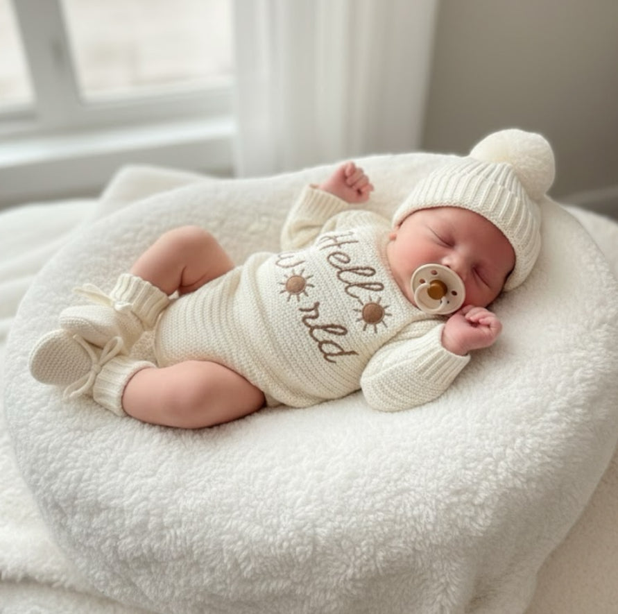 Bundle - "Hello World" Newborn Announcement 3 Piece Set - Ivory | Perfect For Coming Home