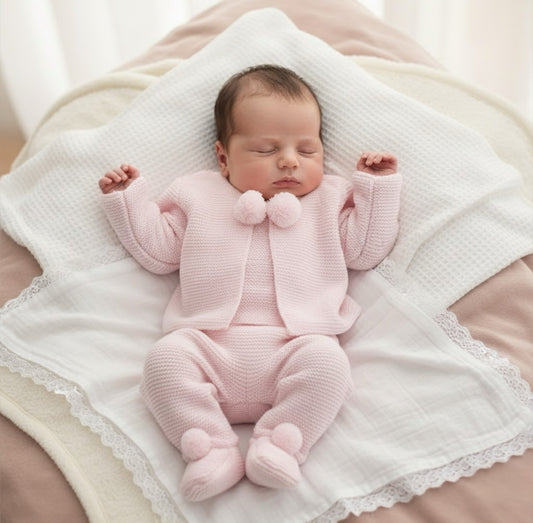 Knitted pom 2 piece outfit - Pink