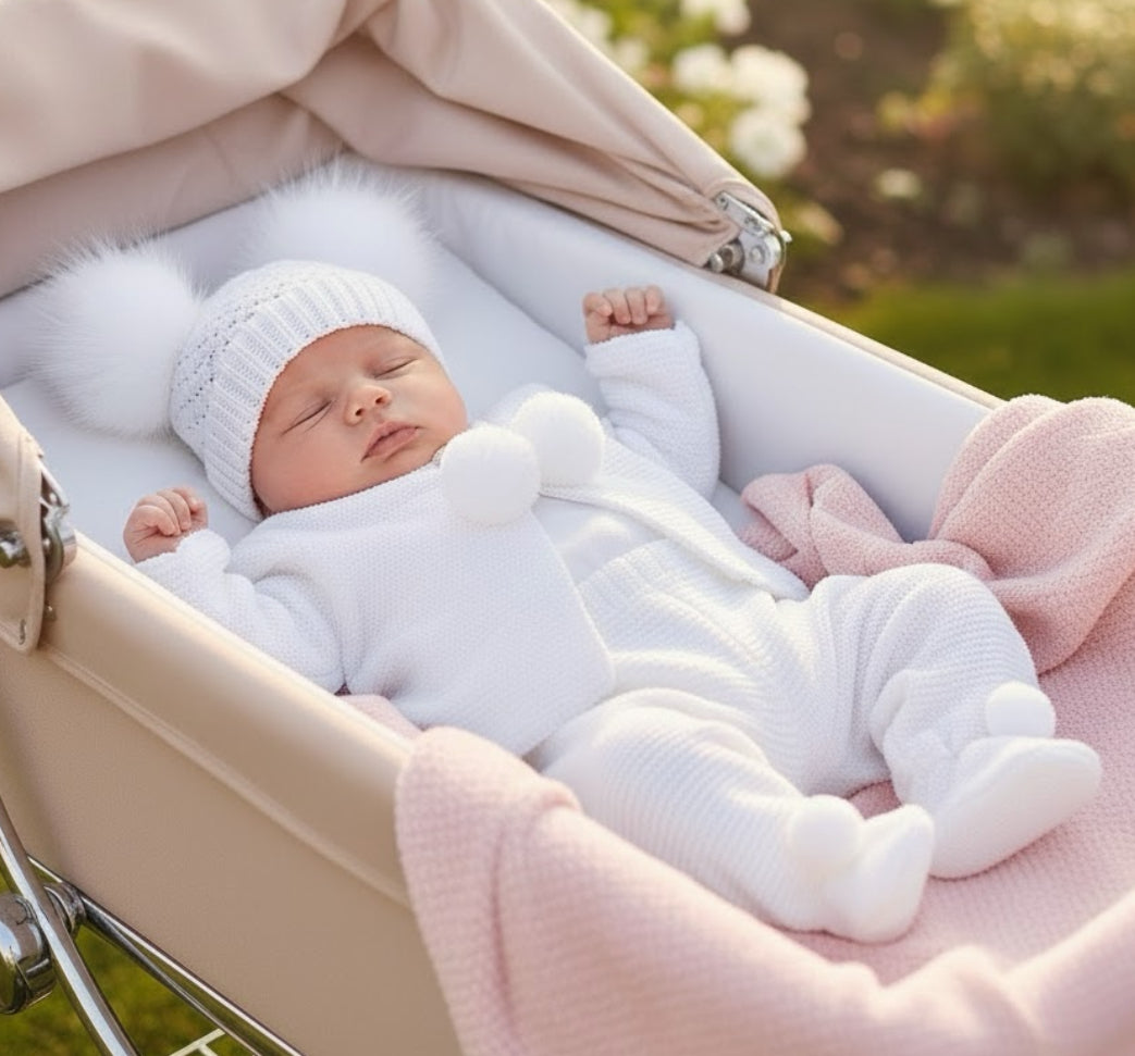 Knitted pom 2 piece outfit - White