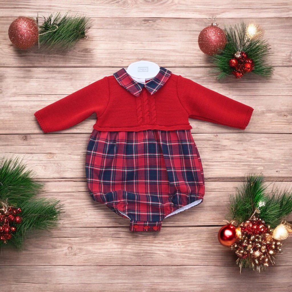 A rich red tartan baby romper with super soft knitted top, the collar and bottom are in coordinating classic tartan fabric.