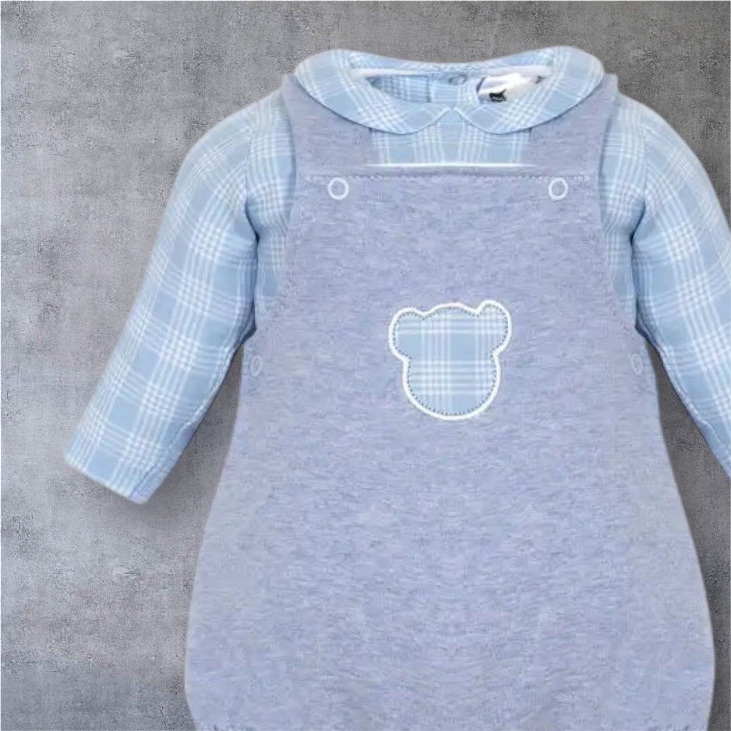 Fofo Bear - Two Piece Set - Blue Checked Shirt & Cotton Dungarees