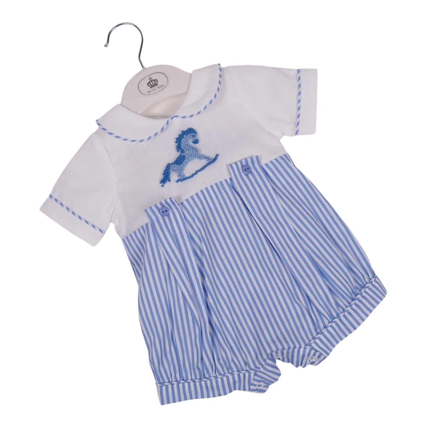 Beau Kid - Blue & White Rocking Horse Romper
