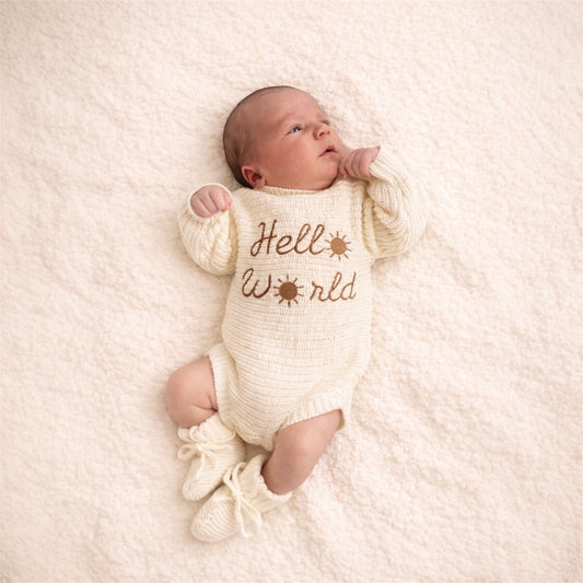 “Hello World” Newborn Announcement Romper| Perfect for Coming Home - Ivory - Newborn