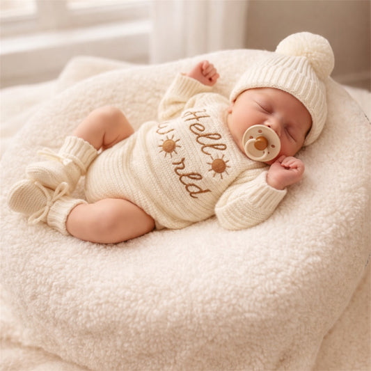 Hello World Newborn Coming Home Outfit – 3 Piece Baby Gift Set (Ivory)