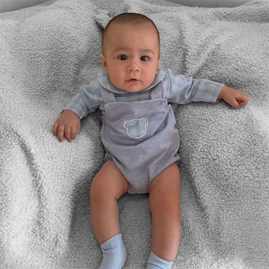 Fofo Bear - Two Piece Set - Blue Checked Shirt & Cotton Dungarees