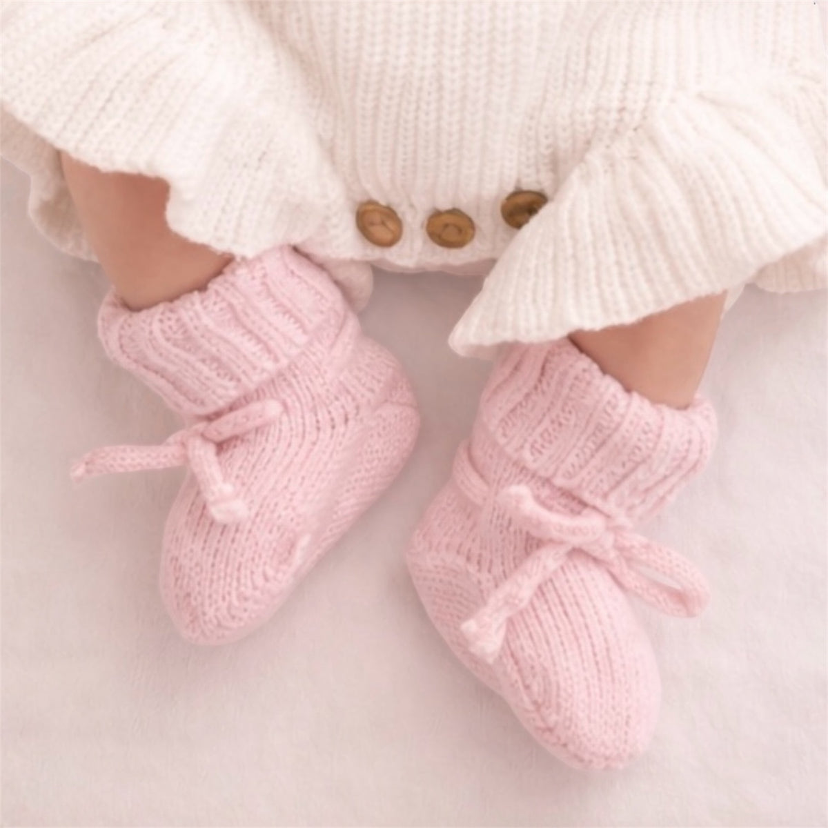 Knitted Tie Baby Booties-Pink
